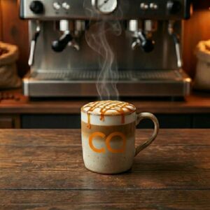 Taza de Caramel Macchiato de Cafetería CQ con leche espumada y caramelo dorado
