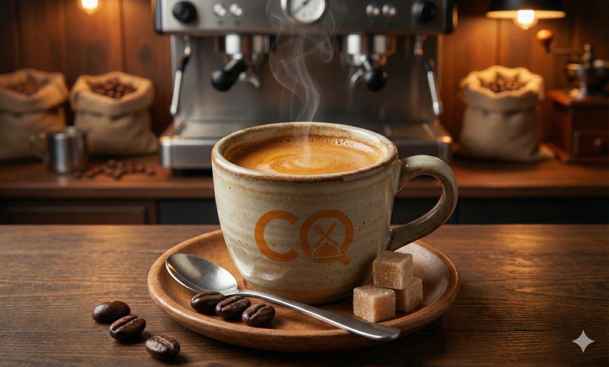 Taza de café espresso de Cafetería CQ con crema dorada