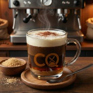 Café irlandés de Cafetería CQ con crema espumosa y cacao en taza de vidrio