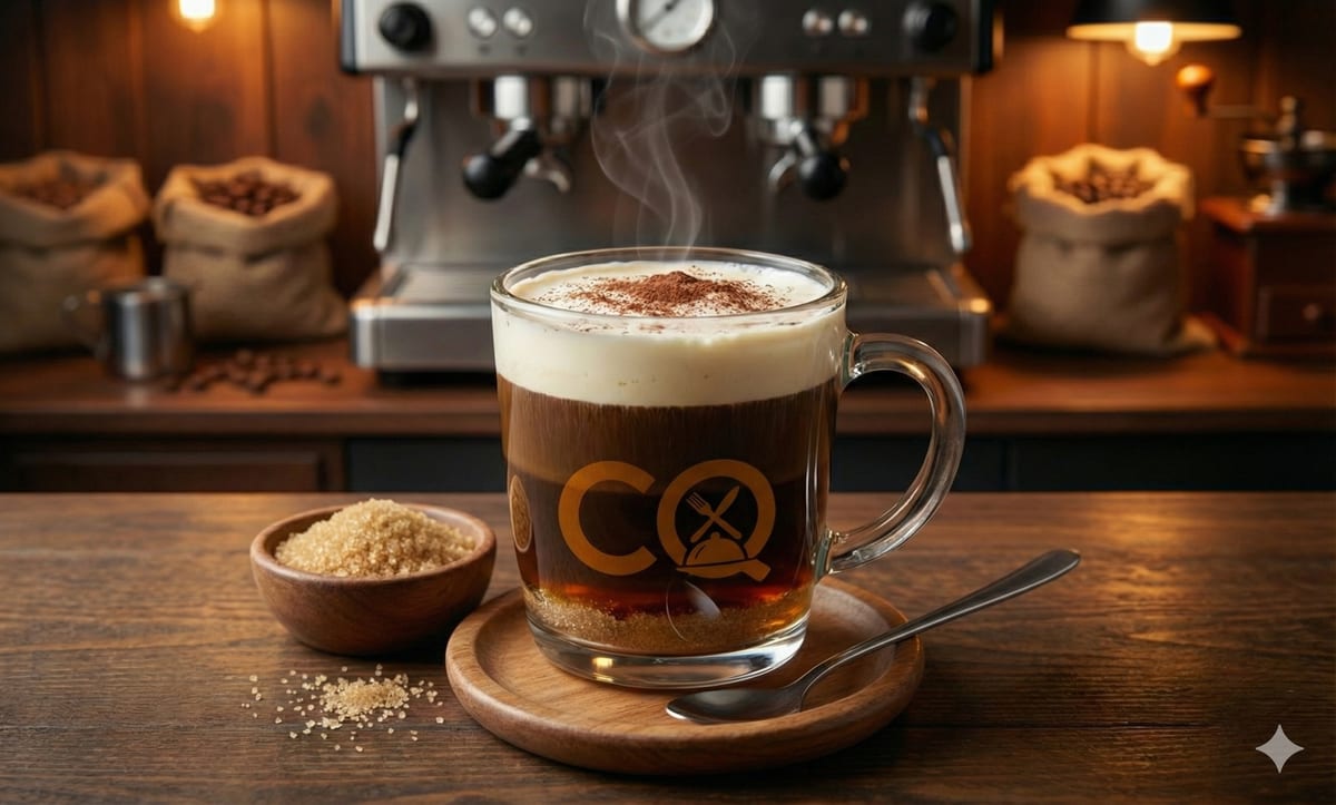 Café irlandés de Cafetería CQ con crema espumosa y cacao en taza de vidrio