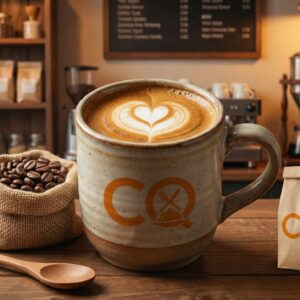 Taza de café tradicional de Cafetería CQ con espuma en forma de corazón